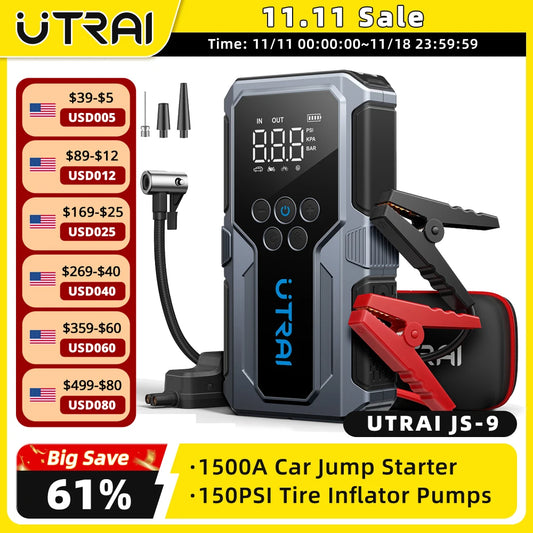 UTRAI 1500A Car Jump Starter - Portable Power Bank & 150PSI Air Pump