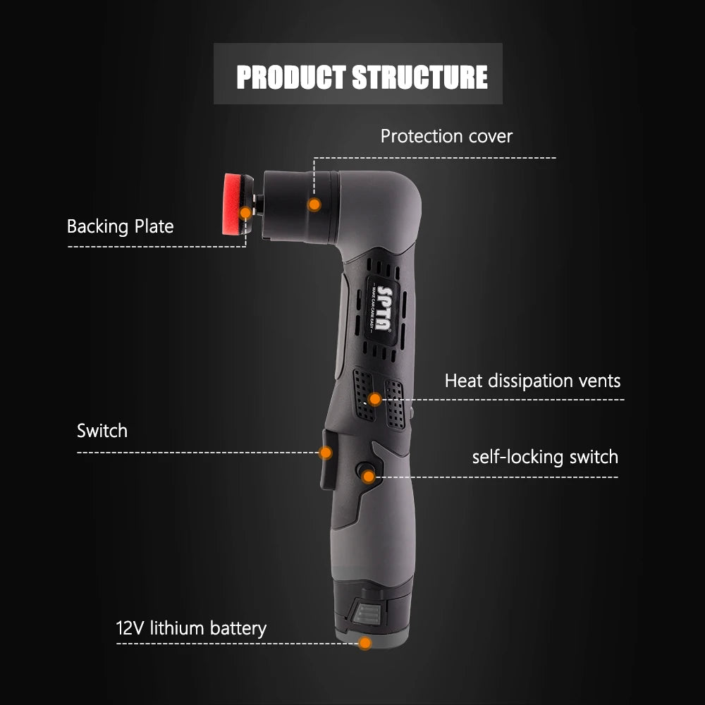 SPTA 12V Cordless Mini Car Polisher - Portable RO/DA Machine with 1/2/3 Inch Pads