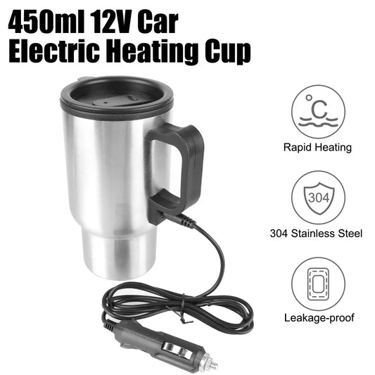 12V 450ml Electric Car Kettle - Stainless Steel Travel Mug